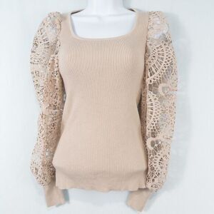 Crochet‎ Puff Sleeve Ribbed Knit Top Womens Small Blush Beige Feminine Coquette